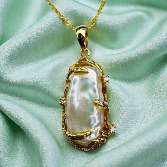 VINTAGE- 14K Gold -Baroque Pearl & Diamond Necklace -21" Brutalist Freeform-3.9g - Picture 8 of 16